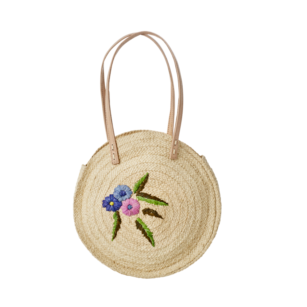 Round Raffia Shoulder Bag Flower Embroidery Rice DK Vibrant Home